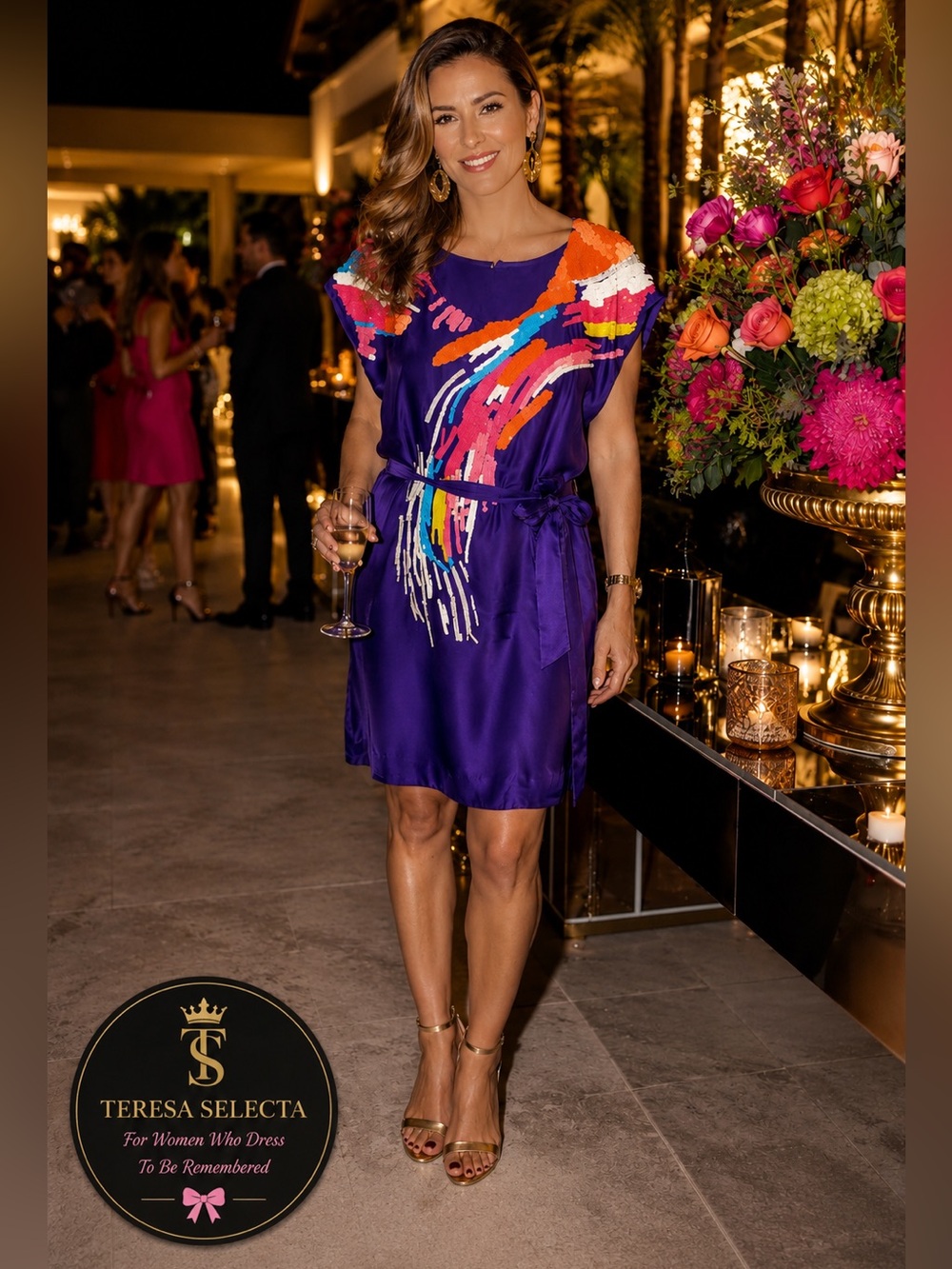 Yoana Baraschi Silk Sequin Cocktail Dress Purple Multicolor Size M